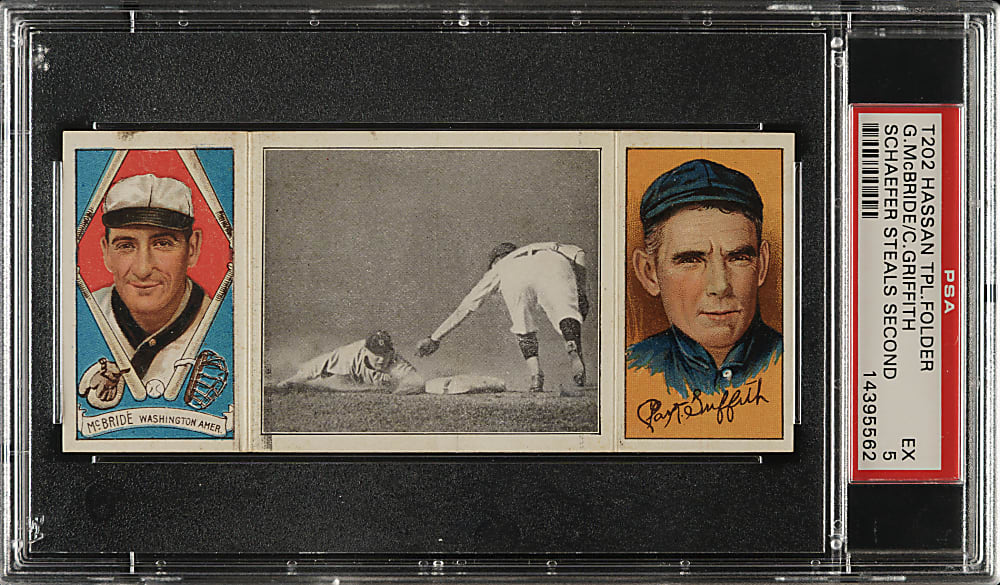 1912 T202 Hassan Triple Folder "Schaefer Steals Second" Clark Griffith/McBride PSA EX 5