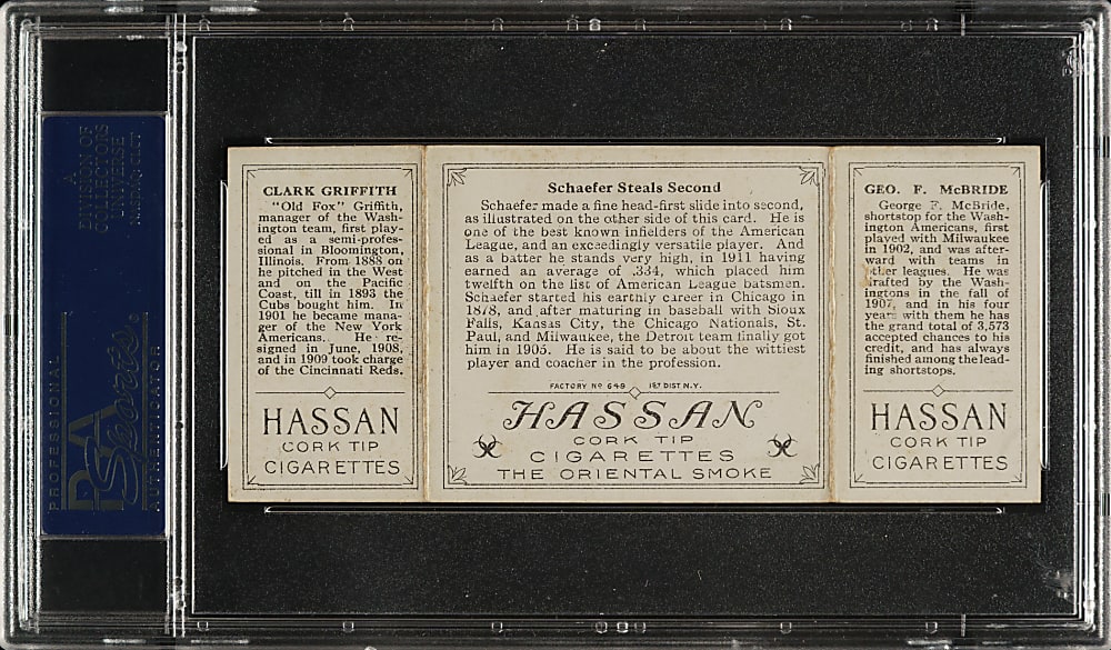 1912 T202 Hassan Triple Folder "Schaefer Steals Second" Clark Griffith/McBride PSA EX 5