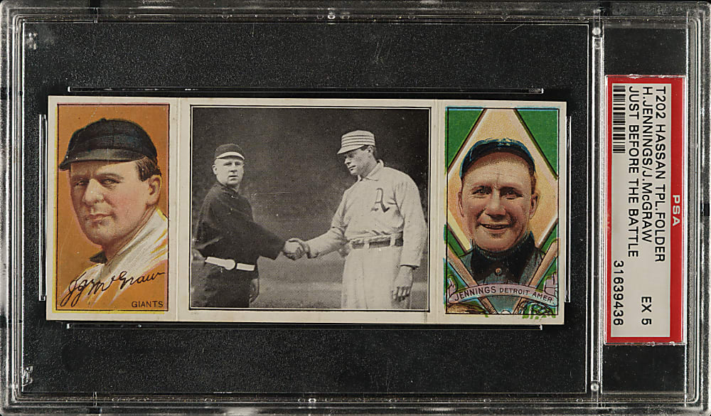 1912 T202 Hassan Triple Folder "Just Before The Battle" Hugh Jennings/John McGraw PSA EX 5