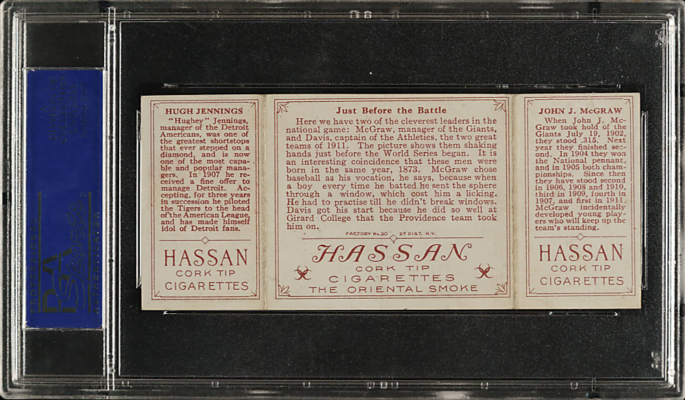 1912 T202 Hassan Triple Folder "Just Before The Battle" Hugh Jennings/John McGraw PSA EX 5