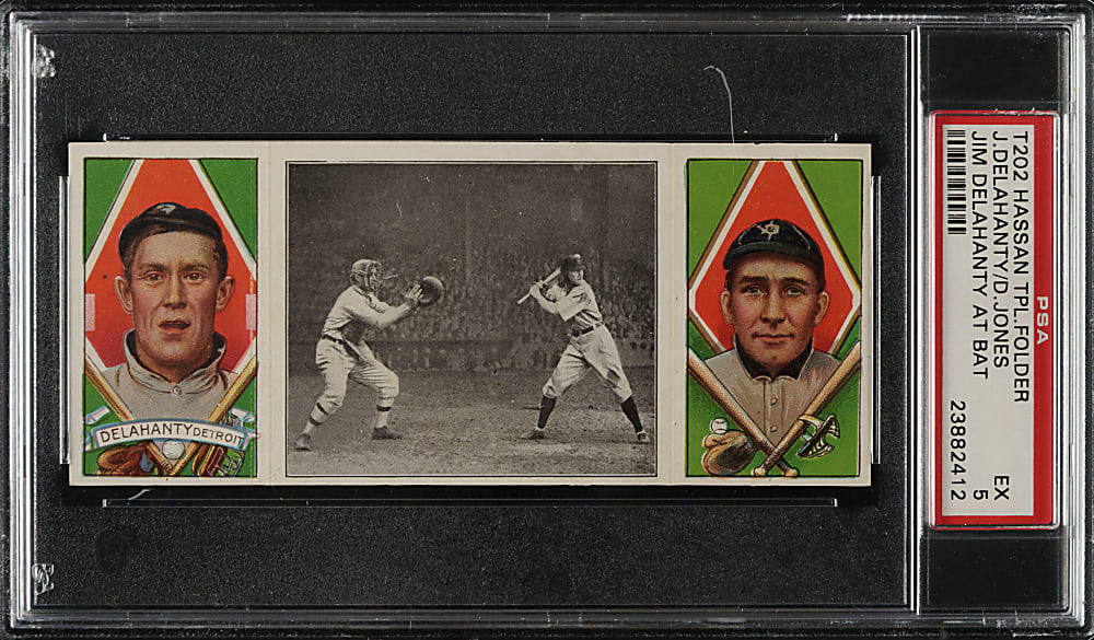 1912 T202 Hassan Triple Folder "Jim Delahanty At Bat" Jones/Delahanty PSA EX 5