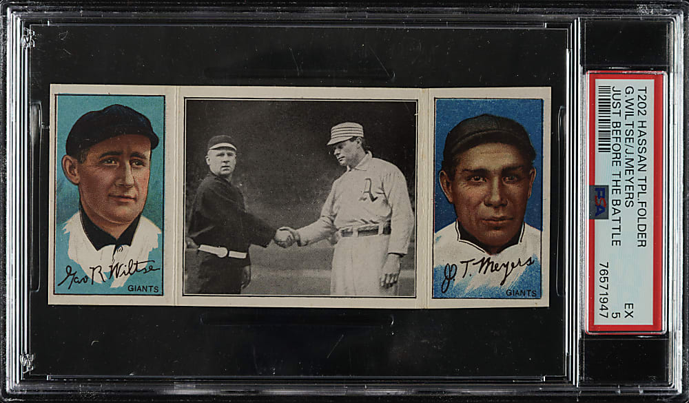 1912 T202 Hassan Triple Folder "Just Before The Battle" Wiltse/Meyers PSA EX 5