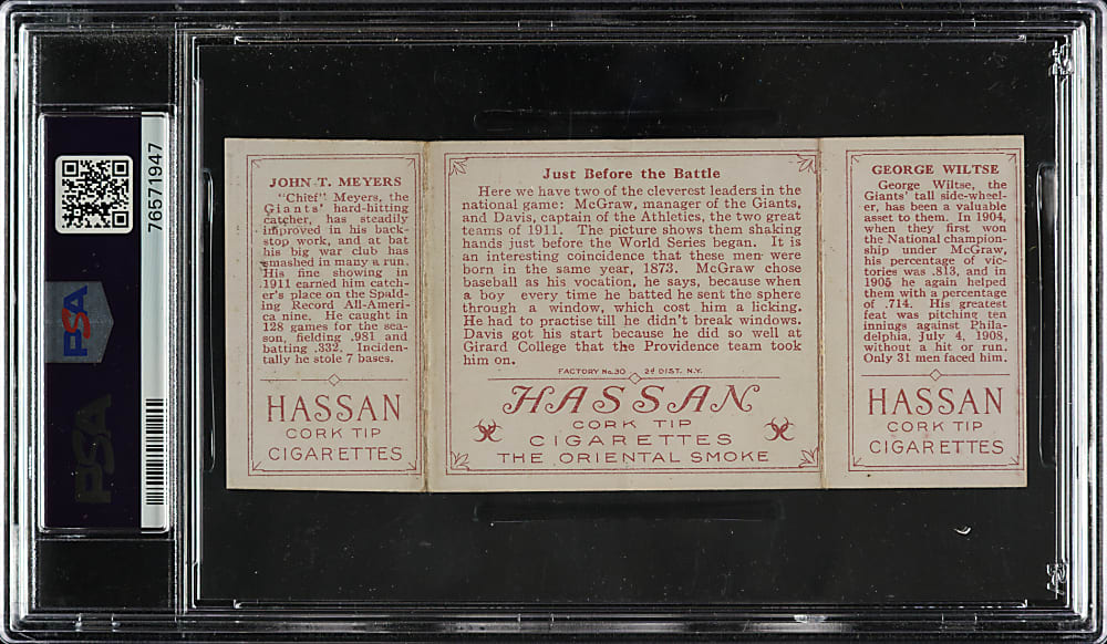 1912 T202 Hassan Triple Folder "Just Before The Battle" Wiltse/Meyers PSA EX 5