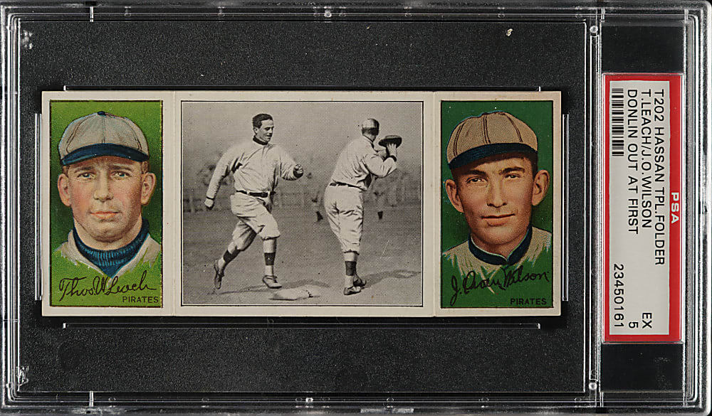 1912 T202 Hassan Triple Folder "Donlin Out at First" Leach/Wilson PSA EX 5