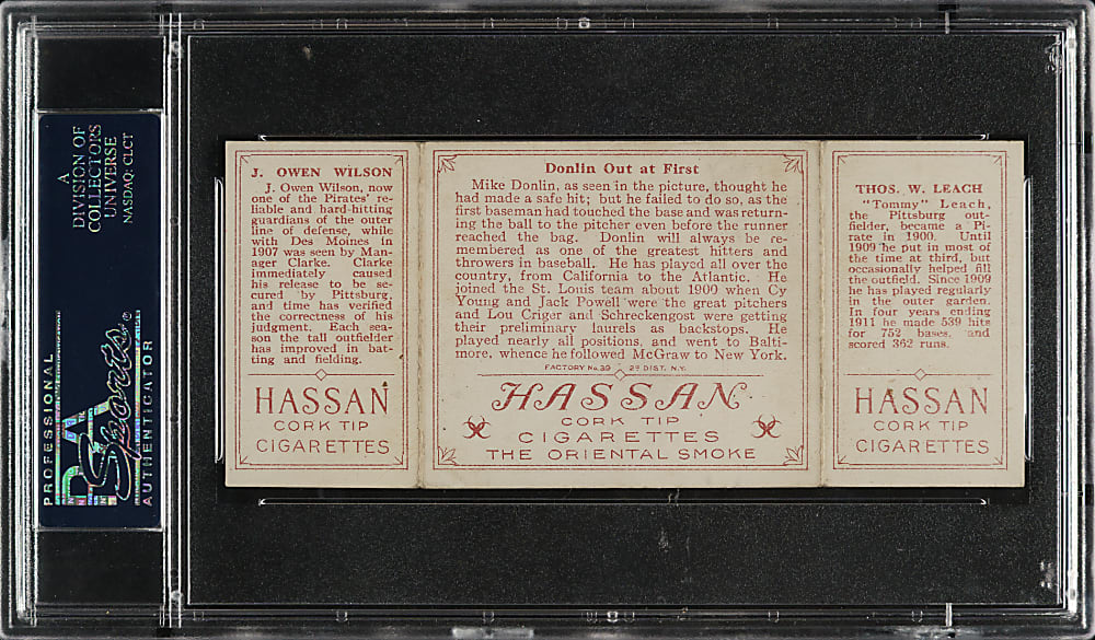 1912 T202 Hassan Triple Folder "Donlin Out at First" Leach/Wilson PSA EX 5