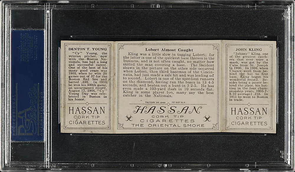 1912 T202 Hassan Triple Folder "Lobert Almost Caught" Cy Young/Kling PSA EX 5