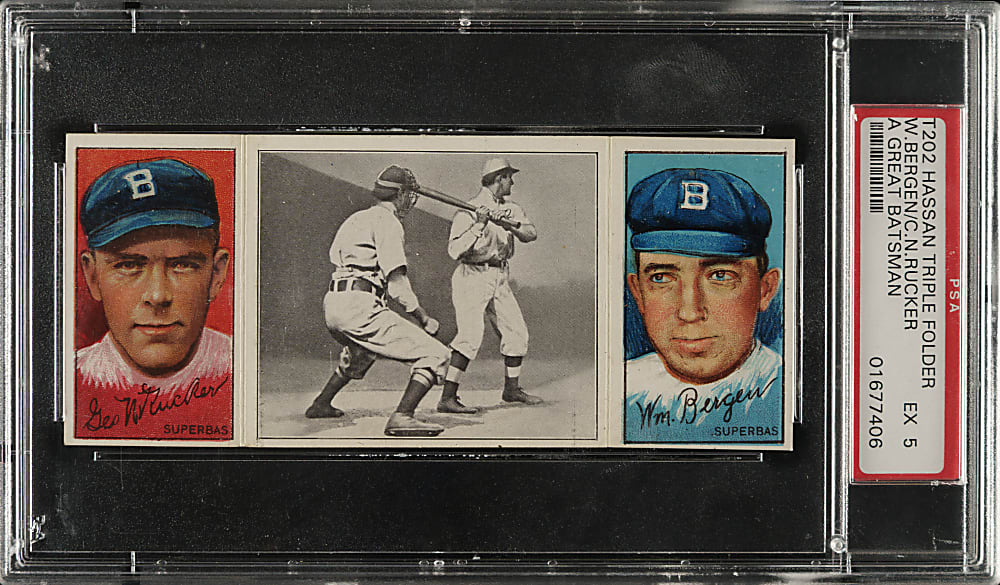 1912 T202 Hassan Triple Folder "A Great Batsman" Rucker/Bergen PSA EX 5