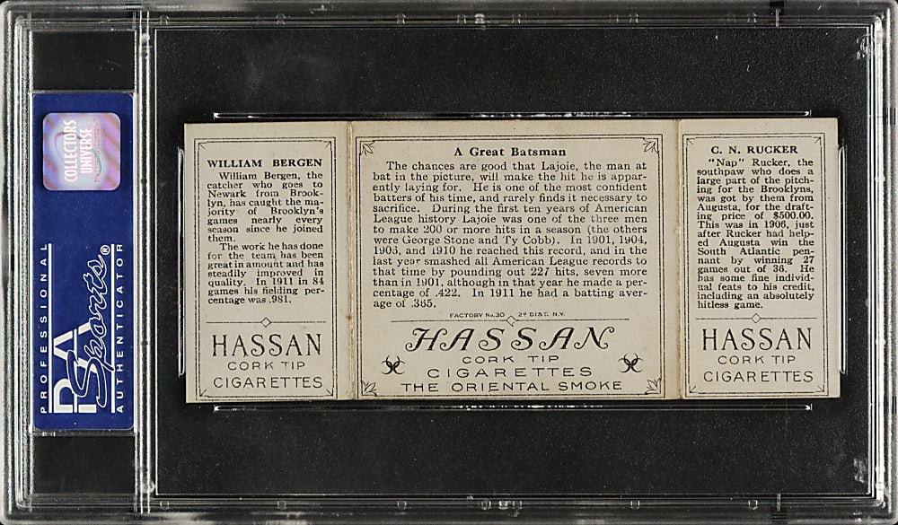 1912 T202 Hassan Triple Folder "A Great Batsman" Rucker/Bergen PSA EX 5
