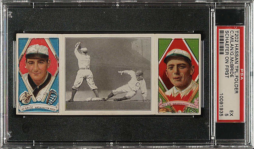 1912 T202 Hassan Triple Folder "Schaefer on First" McBride/Milan PSA EX 5