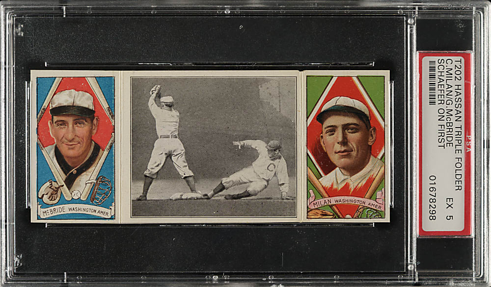 1912 T202 Hassan Triple Folder "Schaefer on First" McBride/Milan PSA EX 5