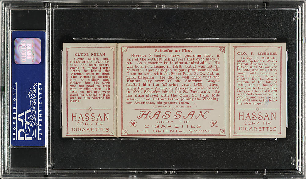 1912 T202 Hassan Triple Folder "Schaefer on First" McBride/Milan PSA EX 5