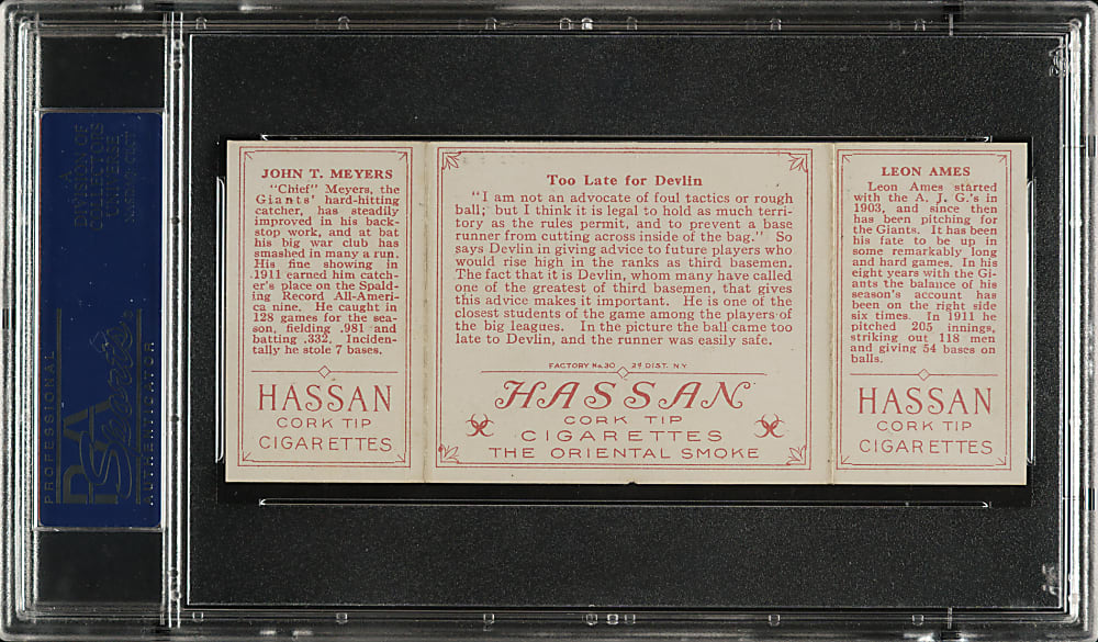 1912 T202 Hassan Triple Folder "Too Late For Devlin" Ames/Meyers PSA EX 5