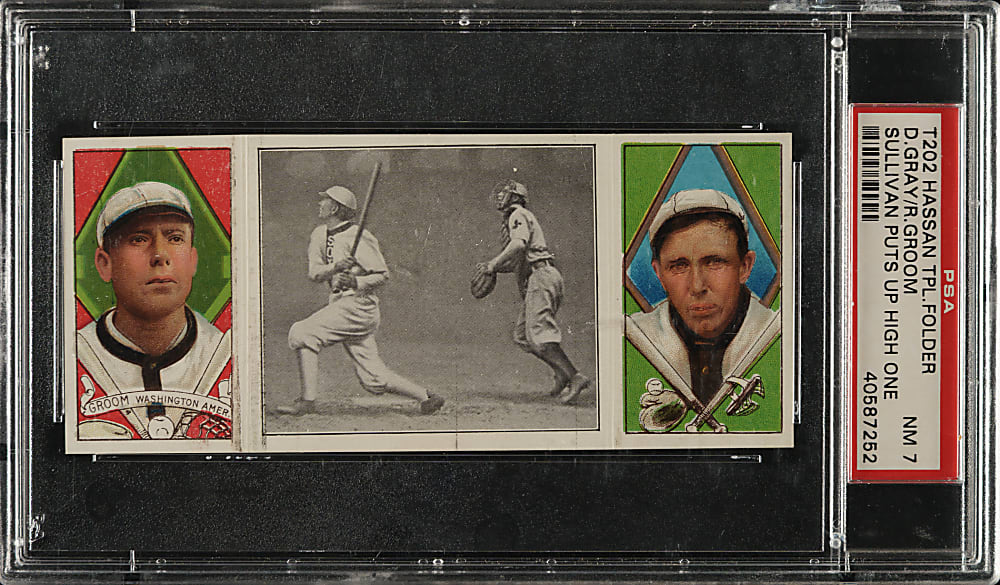 1912 T202 Hassan Triple Folder "Sullivan Puts Up a High One" Gray/Groom PSA NM 7