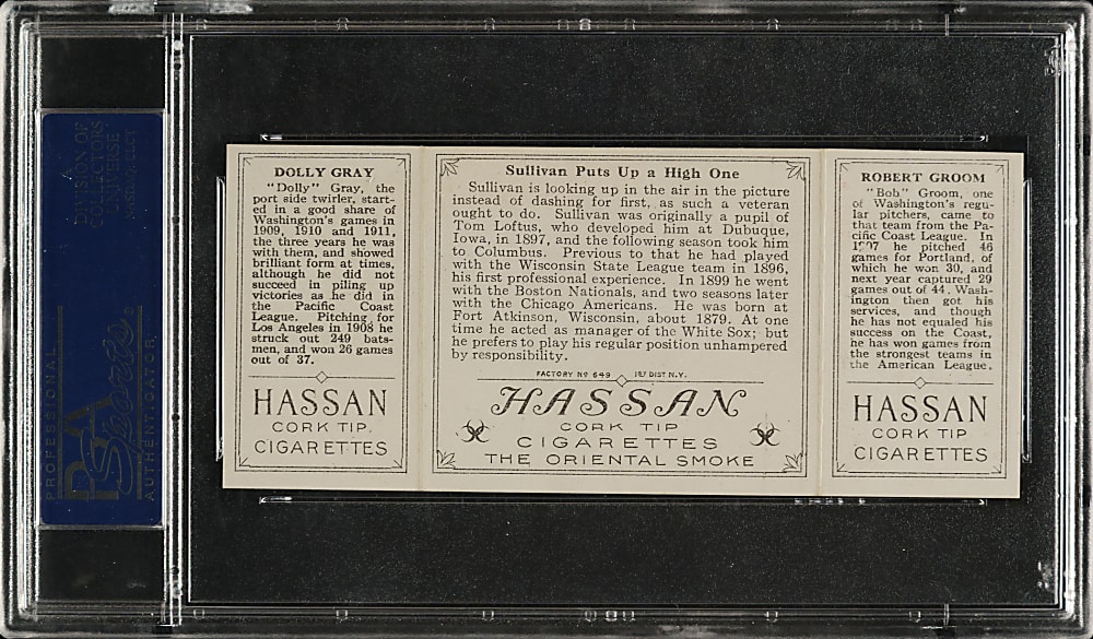 1912 T202 Hassan Triple Folder "Sullivan Puts Up a High One" Gray/Groom PSA NM 7