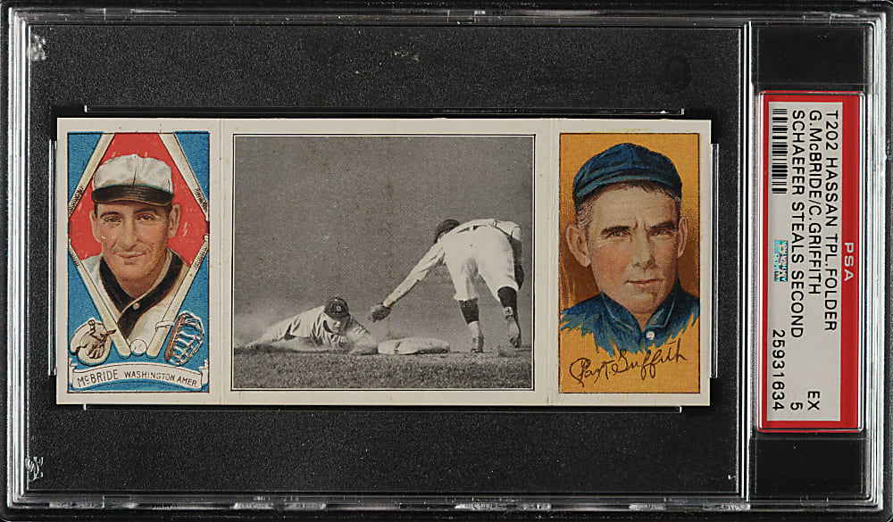 1912 T202 Hassan Triple Folder "Schaefer Steals Second" Clark Griffith/McBride PSA EX 5