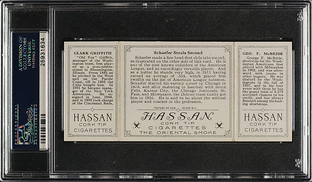 1912 T202 Hassan Triple Folder "Schaefer Steals Second" Clark Griffith/McBride PSA EX 5