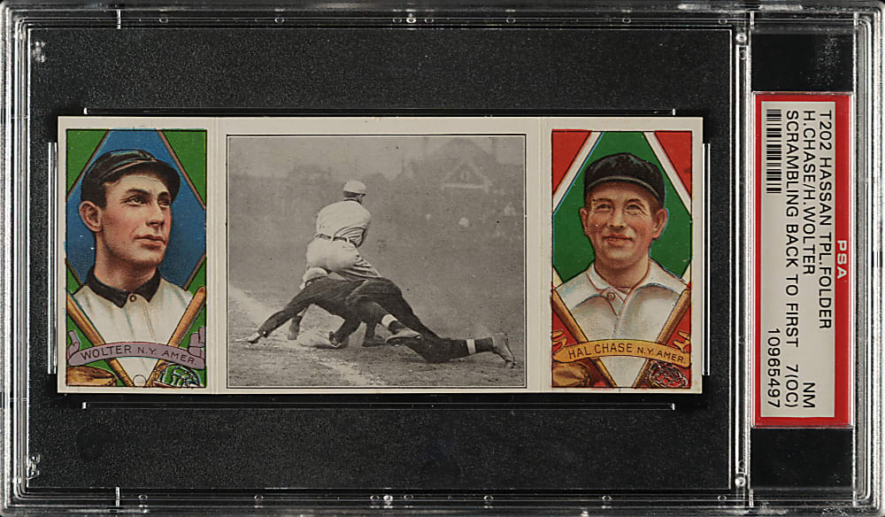 1912 T202 Hassan Triple Folder "Scrambling Back To First" Hal Chase/Wolter PSA NM 7 (OC)