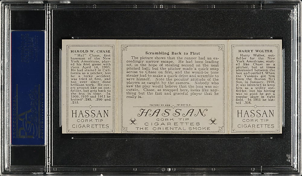 1912 T202 Hassan Triple Folder "Scrambling Back To First" Hal Chase/Wolter PSA NM 7 (OC)