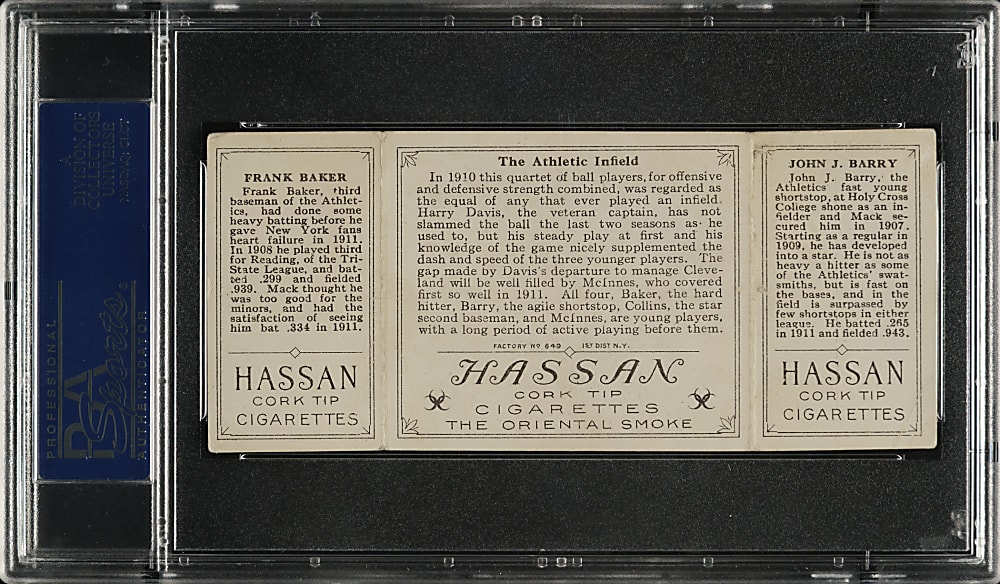 1912 T202 Hassan Triple Folder "The Athletic Infield" Barry/Frank "Home Run" Baker PSA VG 3