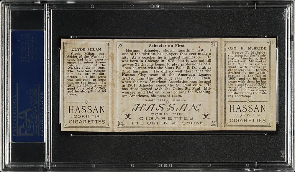 1912 T202 Hassan Triple Folder "Schaefer on First" McBride/Milan PSA GOOD 2