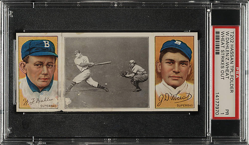 1912 T202 Hassan Triple Folder "Wheat Strikes Out" Zack Wheat/Dahlen PSA POOR 1
