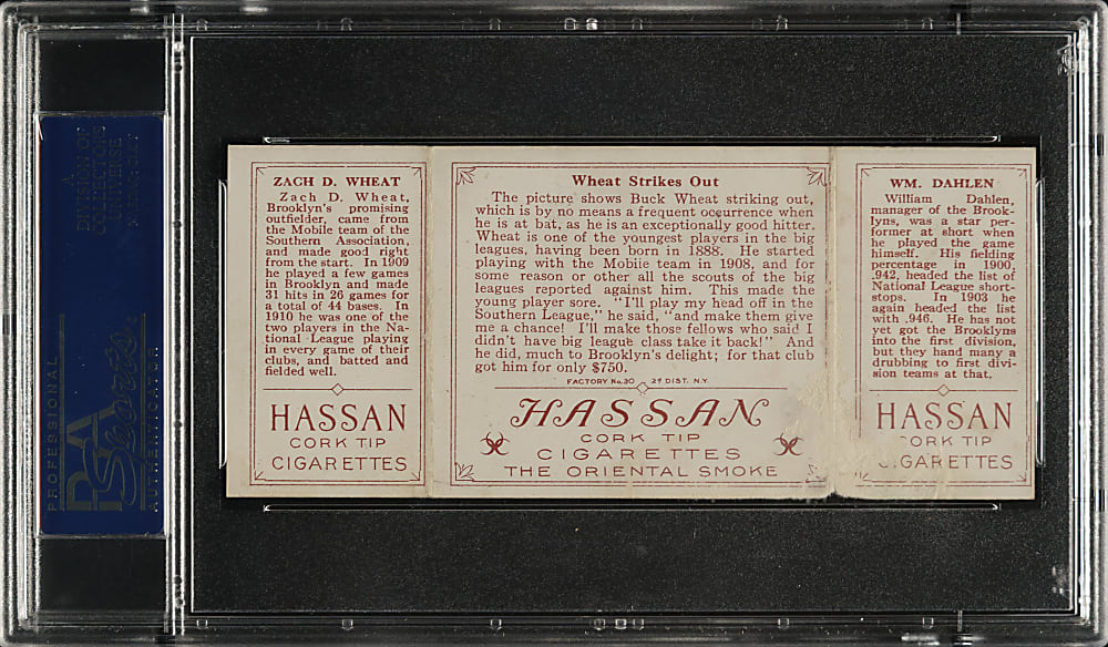 1912 T202 Hassan Triple Folder "Wheat Strikes Out" Zack Wheat/Dahlen PSA POOR 1