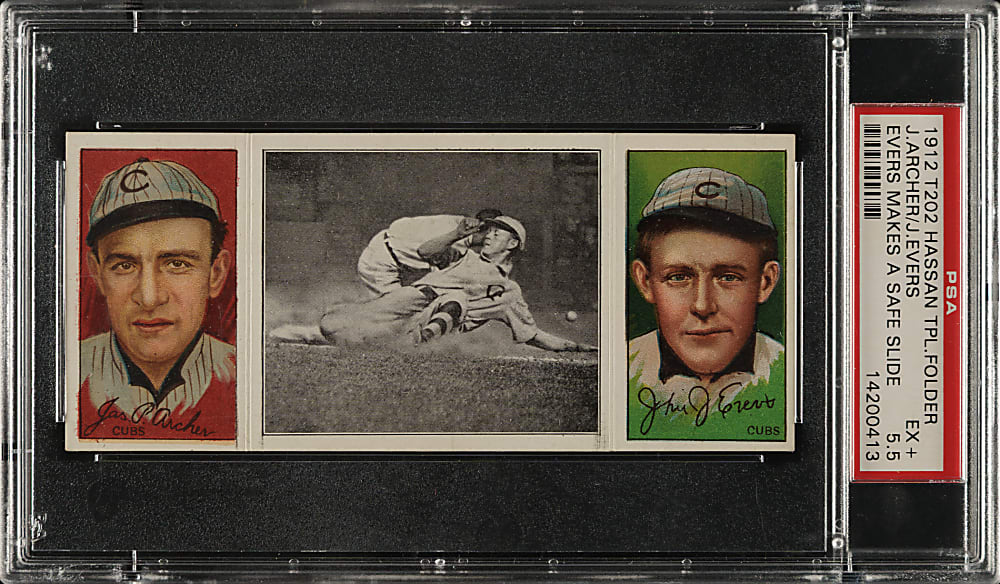1912 T202 Hassan Triple Folder "Evers Makes A Safe Slide" Johnny Evers/Archer PSA EX+ 5.5
