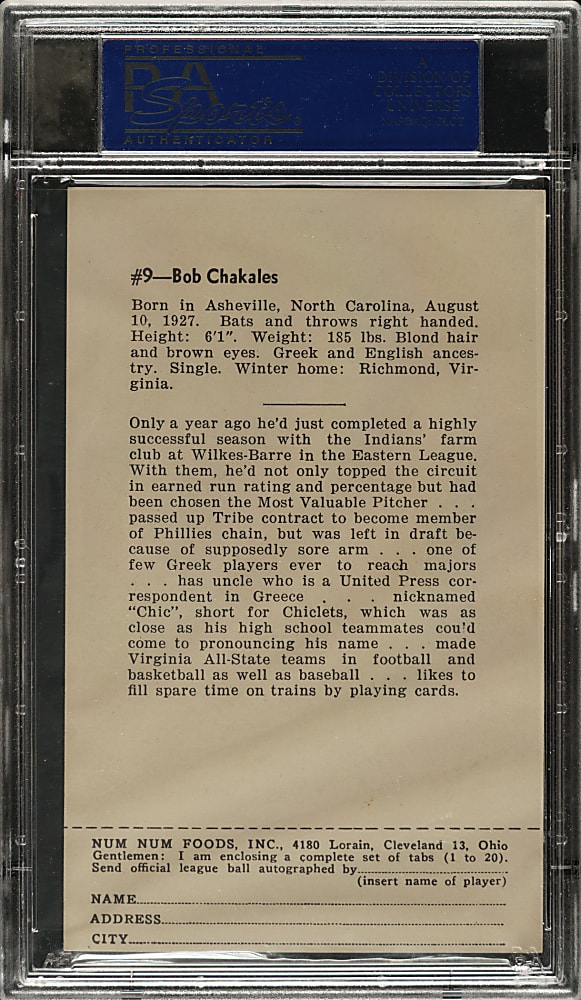 1952 Num Num Potato Chips Cleveland Indian #9 Bob Chakales PSA EX-MT 6
