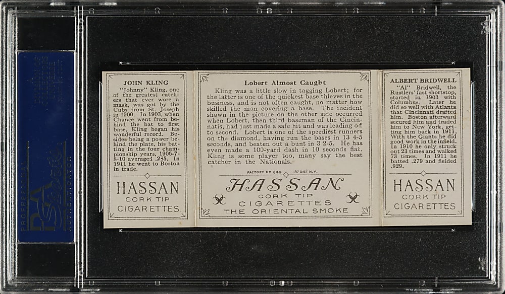 1912 T202 Hassan Triple Folder "Lobert Almost Caught" Bridwell/Kling PSA EX-MT 6 (OC)