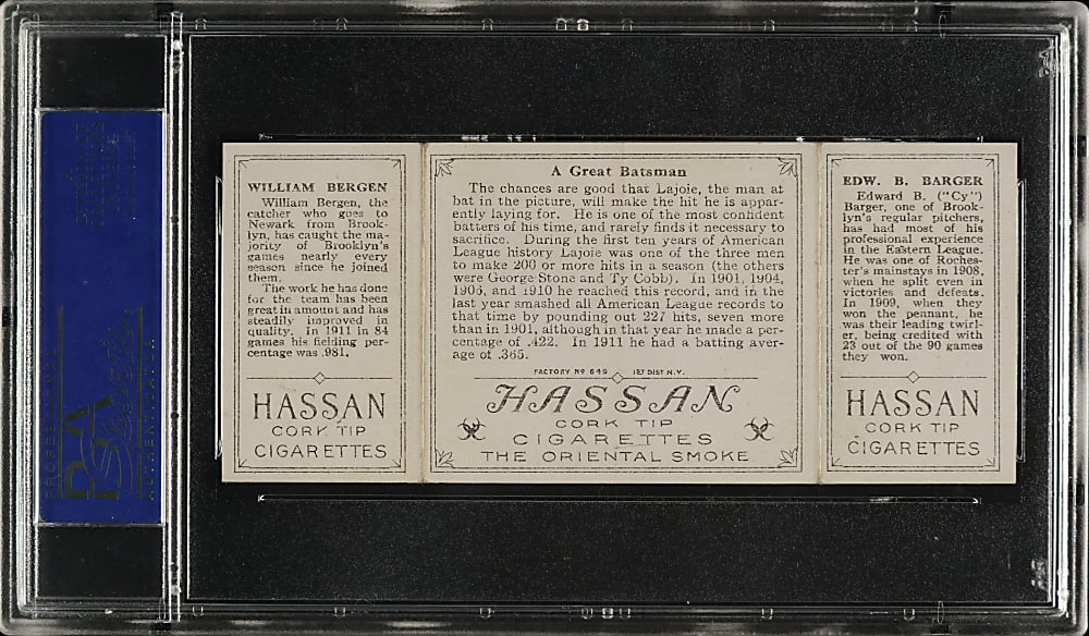 1912 T202 Hassan Triple Folder "A Great Batsman" Barger/Bergen PSA EX-MT 6