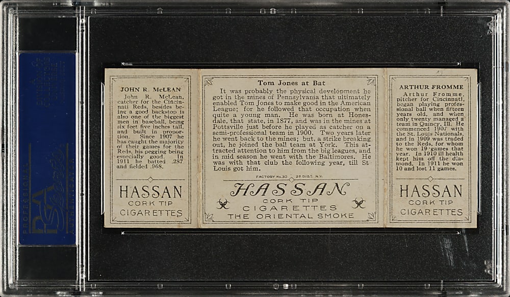 1912 T202 Hassan Triple Folder "Tom Jones At Bat" McLean/Fromme PSA EX-MT 6