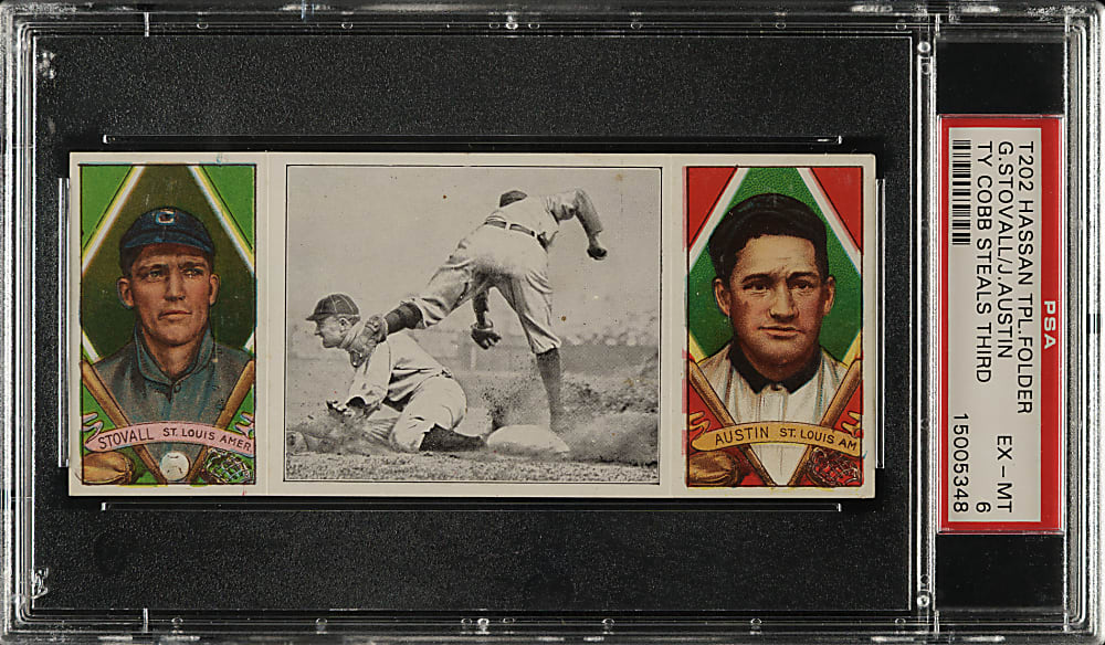 1912 T202 Hassan Triple Folder "Ty Cobb Steals Third" Austin/Stovall PSA EX-MT 6