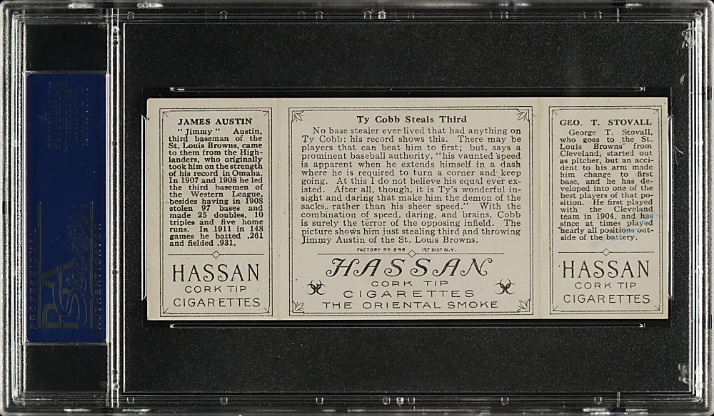 1912 T202 Hassan Triple Folder "Ty Cobb Steals Third" Austin/Stovall PSA EX-MT 6