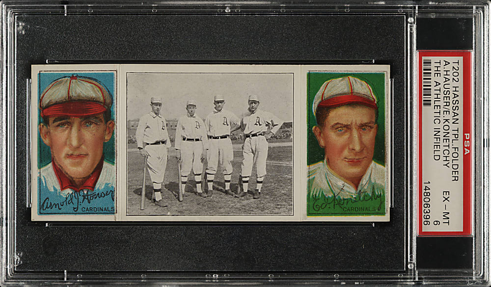 1912 T202 Hassan Triple Folder "The Athletic Infield" Hauser/Konetchy PSA EX-MT 6
