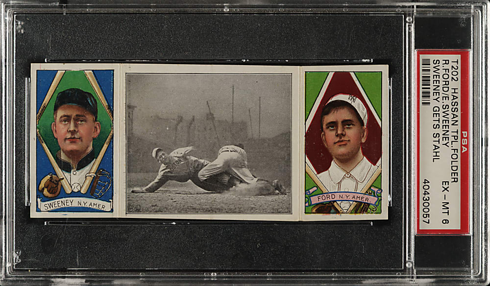 1912 T202 Hassan Triple Folder "Sweeney Gets Stahl" Sweeney/Ford PSA EX-MT 6