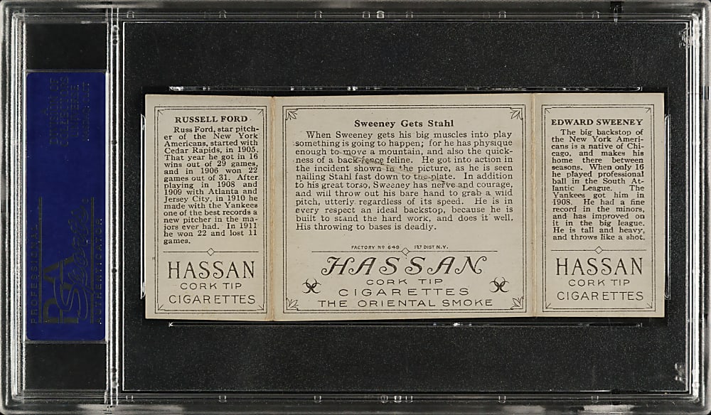1912 T202 Hassan Triple Folder "Sweeney Gets Stahl" Sweeney/Ford PSA EX-MT 6