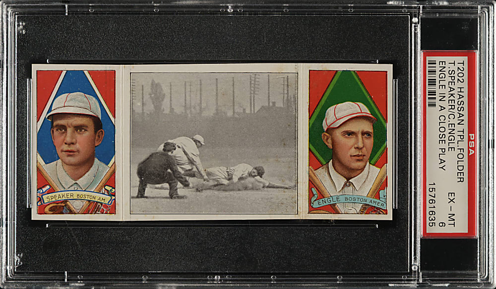 1912 T202 Hassan Triple Folder "Engle In A Close Play" Tris Speaker/Engle PSA EX-MT 6