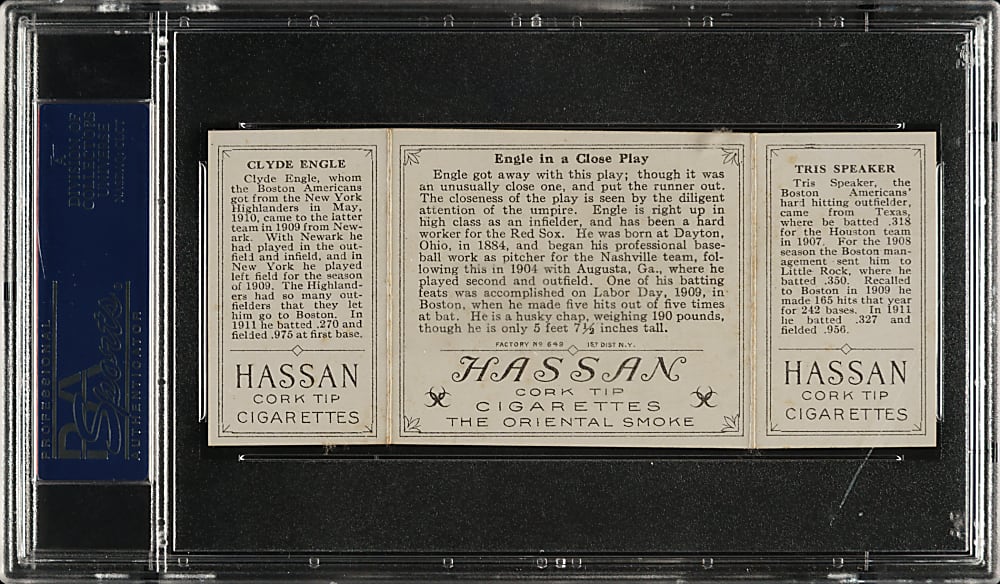 1912 T202 Hassan Triple Folder "Engle In A Close Play" Tris Speaker/Engle PSA EX-MT 6