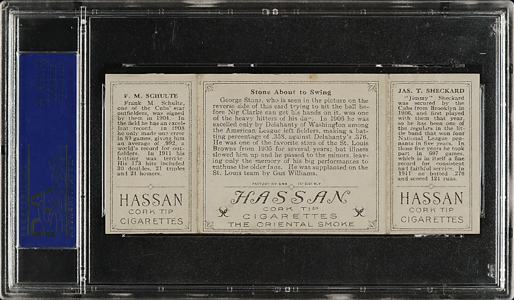 1912 T202 Hassan Triple Folder "Stone About To Swing" Schulte/Sheckard PSA EX-MT 6