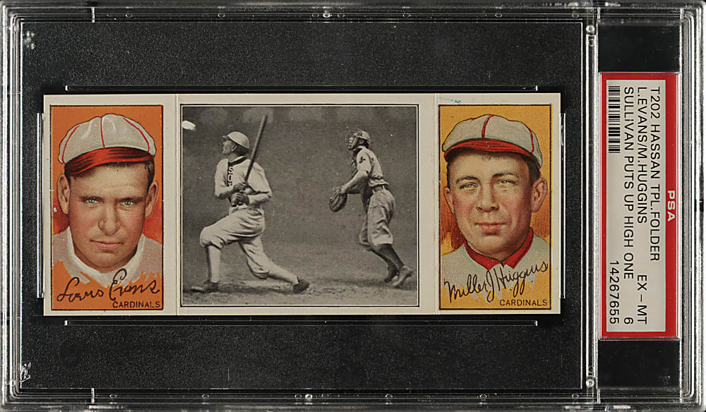 1912 T202 Hassan Triple Folder "Sullivan Puts Up a High One" Evans/Miller Huggins PSA EX-MT 6