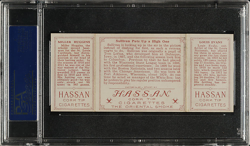 1912 T202 Hassan Triple Folder "Sullivan Puts Up a High One" Evans/Miller Huggins PSA EX-MT 6
