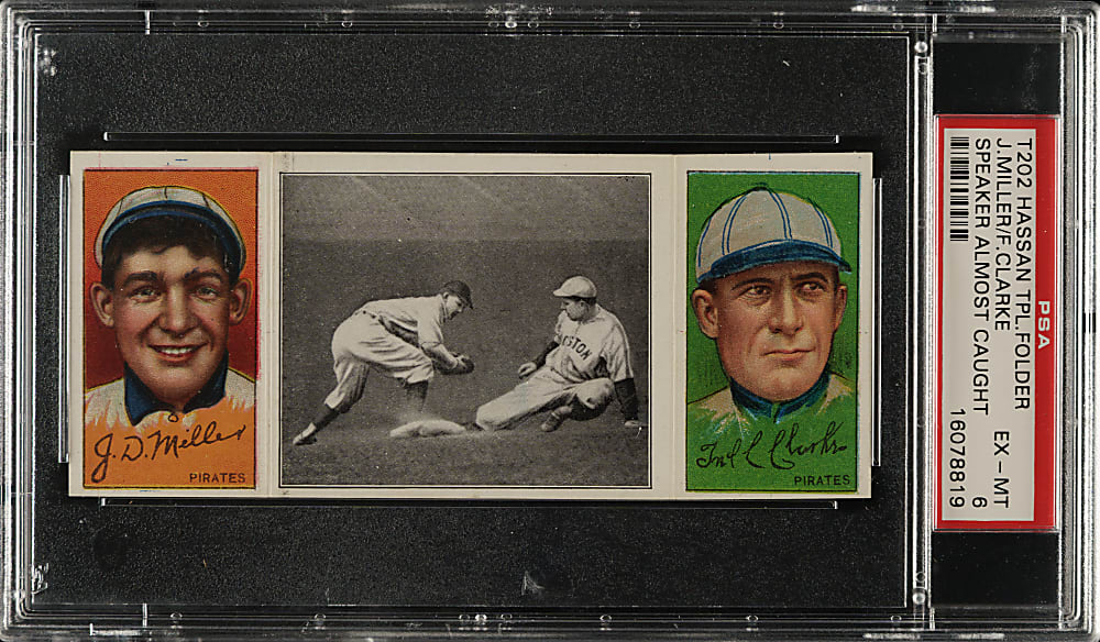 1912 T202 Hassan Triple Folder "Speaker Almost Caught" Fred Clarke/Miller PSA EX-MT 6