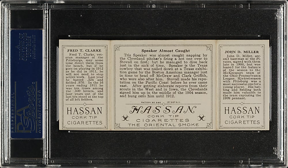 1912 T202 Hassan Triple Folder "Speaker Almost Caught" Fred Clarke/Miller PSA EX-MT 6