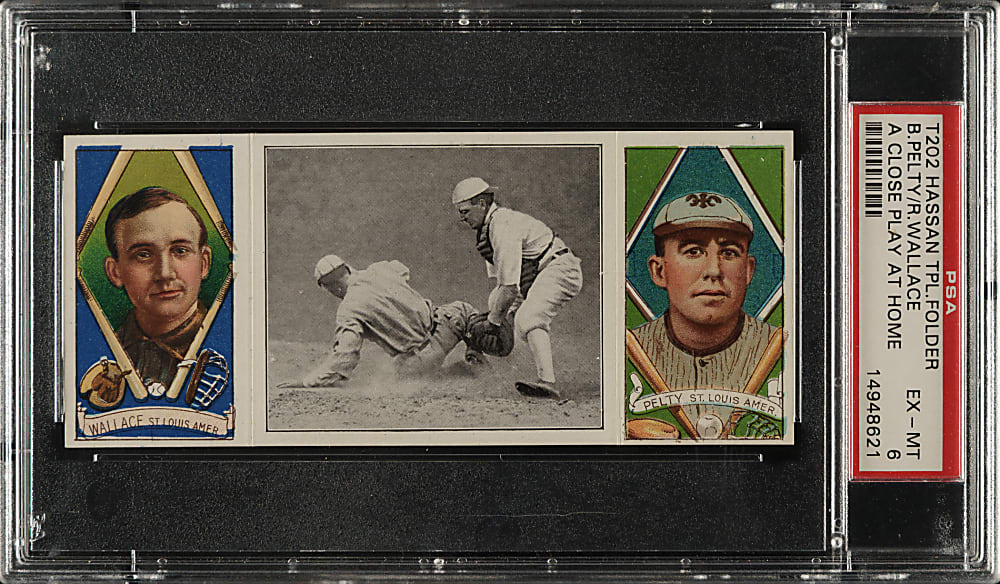 1912 T202 Hassan Triple Folder "A Close Play At Home" Bobby Wallace/Pelty PSA EX-MT 6