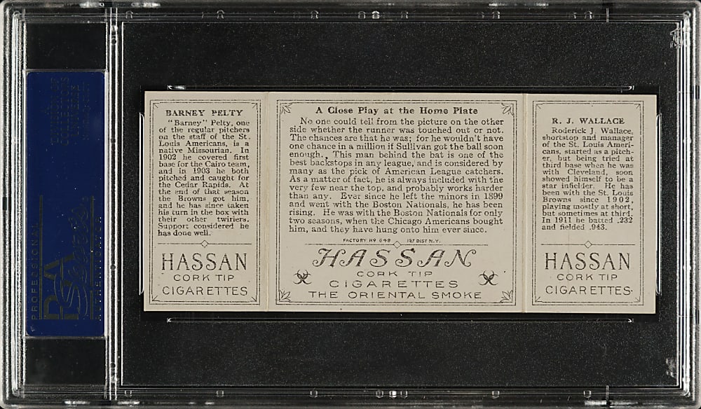 1912 T202 Hassan Triple Folder "A Close Play At Home" Bobby Wallace/Pelty PSA EX-MT 6