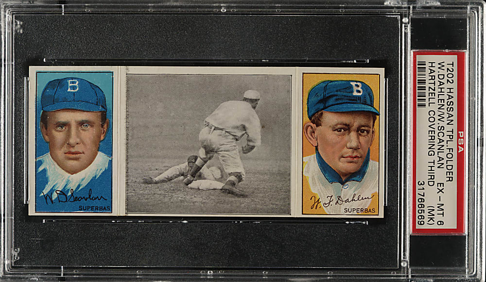 1912 T202 Hassan Triple Folder "Hartzell Covering Third" Scanlan/Dahlen PSA EX-MT 6 (MK)