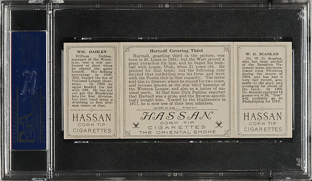1912 T202 Hassan Triple Folder "Hartzell Covering Third" Scanlan/Dahlen PSA EX-MT 6 (MK)