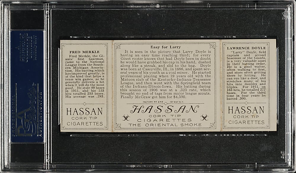 1912 T202 Hassan Triple Folder "Easy For Larry" Doyle/Merkle PSA EX-MT 6