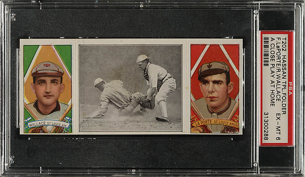 1912 T202 Hassan Triple Folder "A Close Play At Home" Bobby Wallace/LaPorte PSA EX-MT 6
