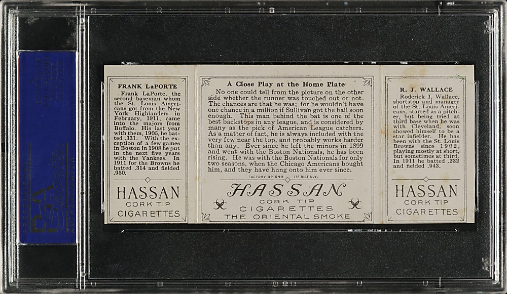1912 T202 Hassan Triple Folder "A Close Play At Home" Bobby Wallace/LaPorte PSA EX-MT 6